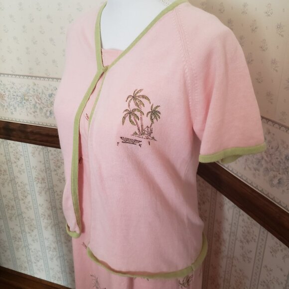 SAG HARBOR VTG PETITE PALE PINK PALM TREE DRESS WITH MATCHING CARDIGAN SWEATER - Picture 2 of 14
